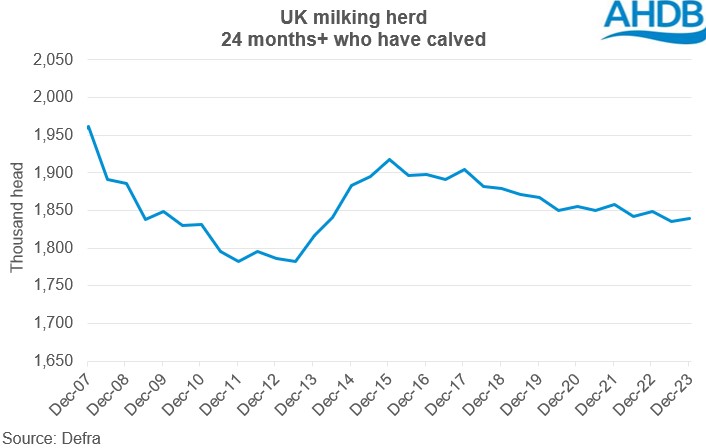 UK cow numbers chart Dec 2023 